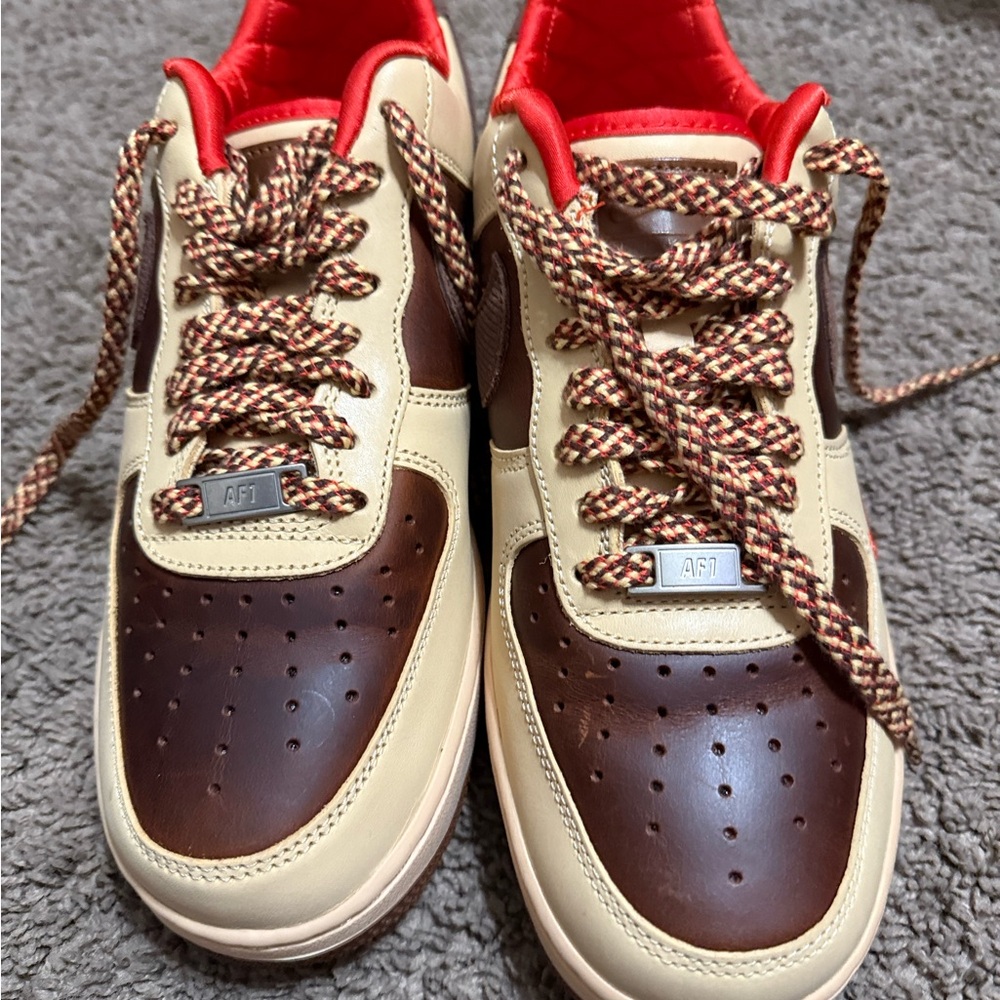 Nike Men's Brown and Cream Sneakers with Red Accents